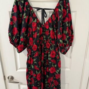 Old Navy Black One-Shoulder Midi Dress with Red Rose Print